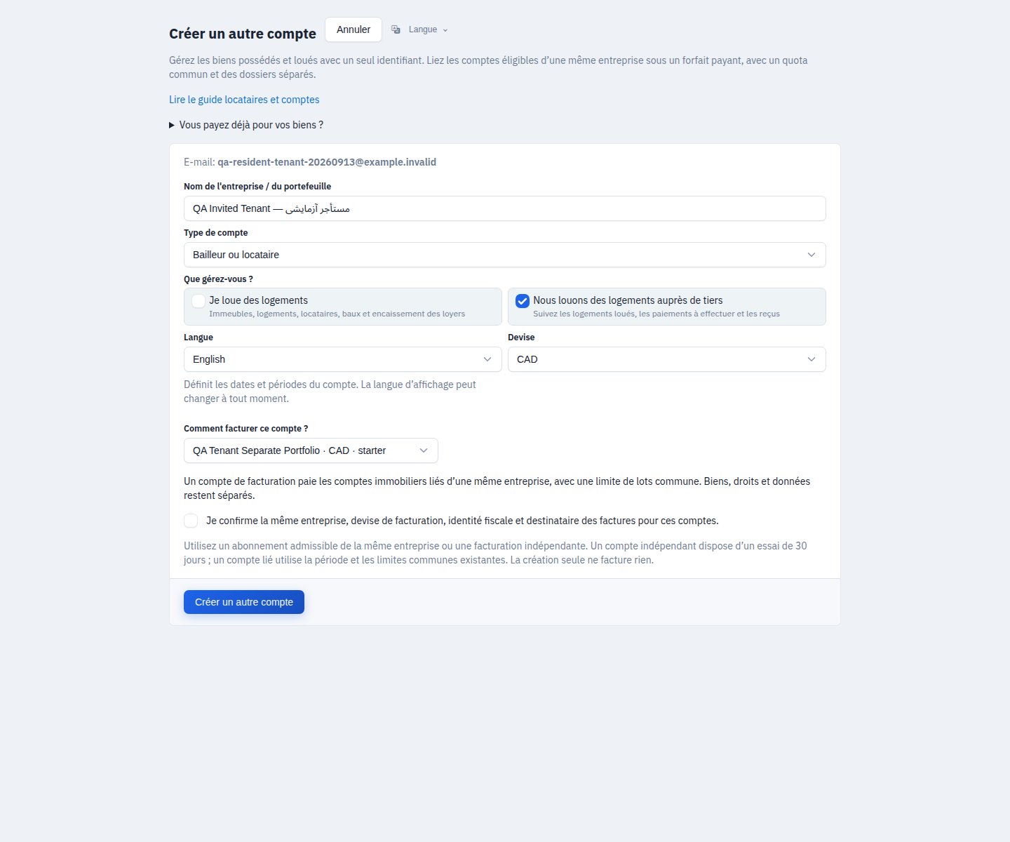Choisir la facturation du nouveau compte