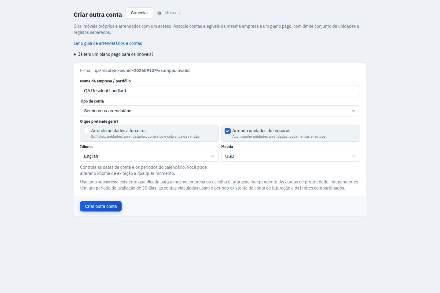 Escolher a faturação da nova conta